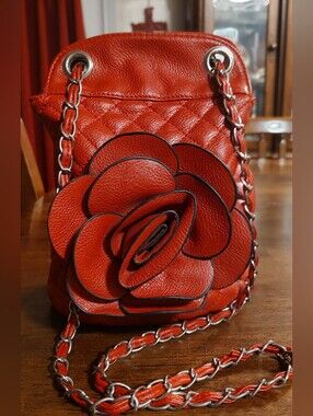 Red Floral Leather Bucket Bag - Women